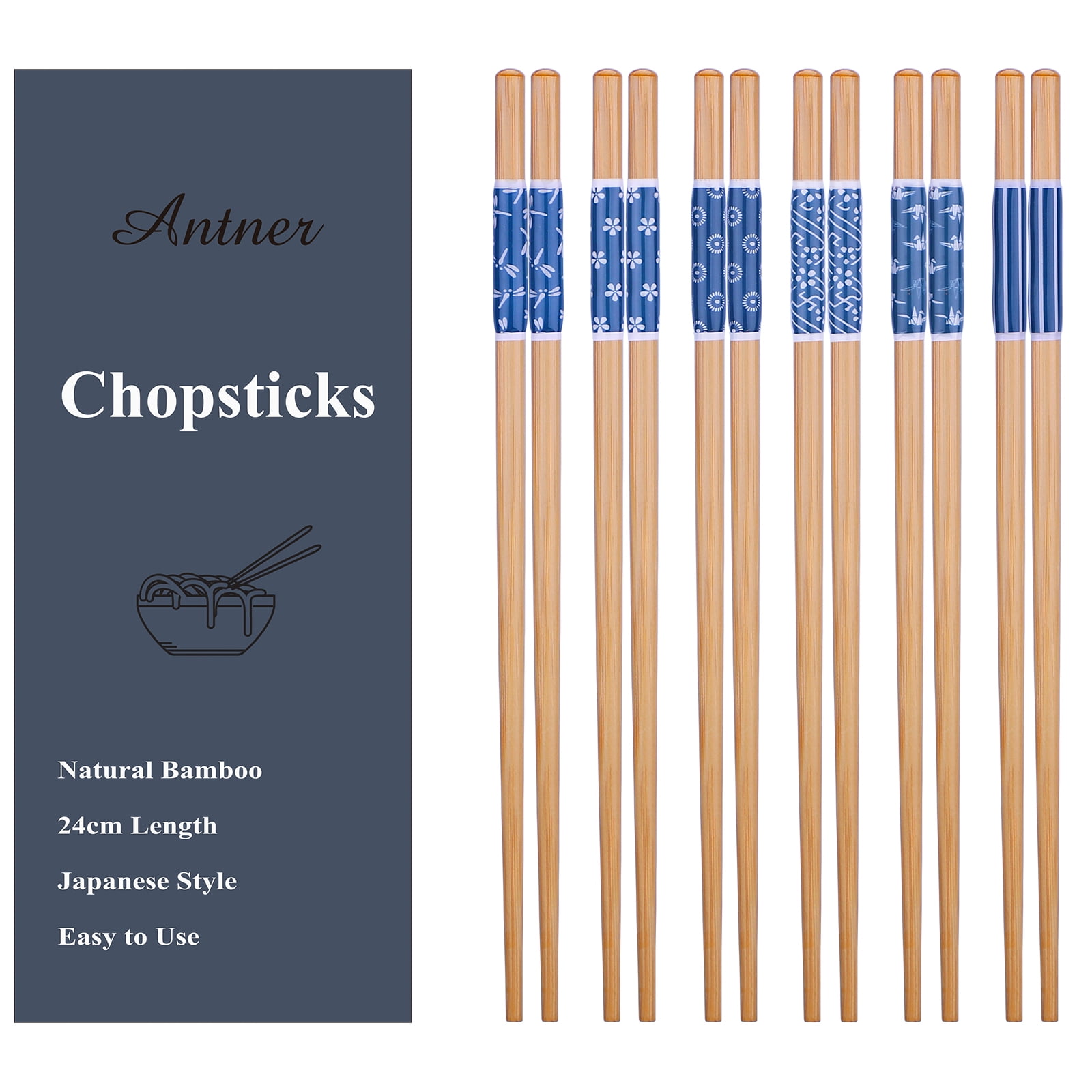 Antner 6 Pairs Reusable Chopsticks Natural Bamboo Japanese Style
