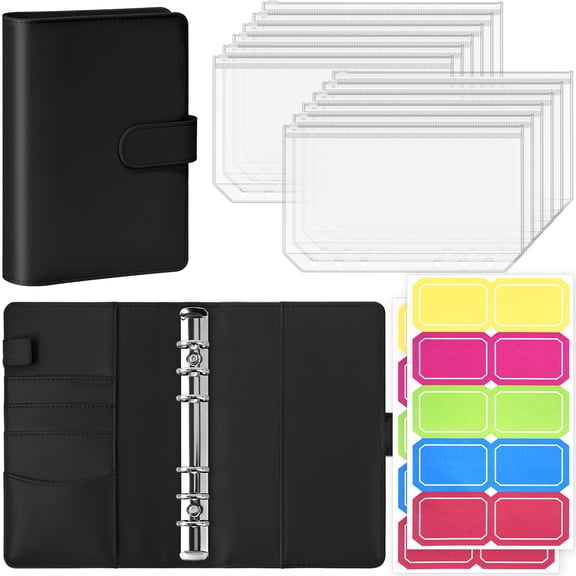 Antner A6 6-Ring Binder Set, PU Leather Cover with 12 Zipper Cash Envelopes & Stickers, Money Saving Organizer for Cash Stuffing, Black