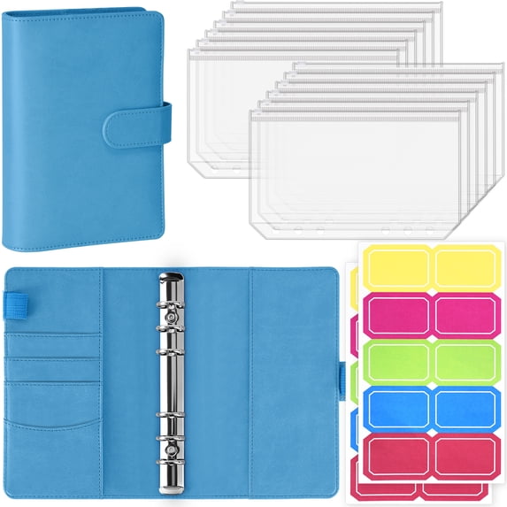 Antner A6 6-Ring Binder Set, PU Leather Cover with 12 Zipper Cash Envelopes & Stickers, Money Saving Organizer for Cash Stuffing, Sky Blue