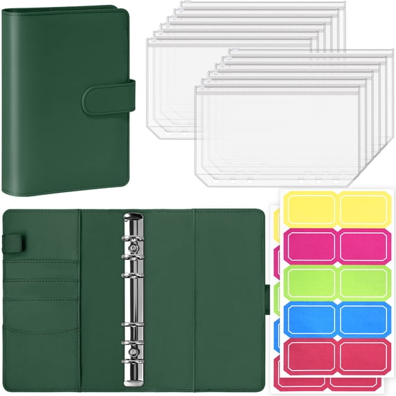 Antner A6 6-Ring Binder Set, PU Leather Cover with 12 Zipper Cash Envelopes & Stickers, Money Saving Organizer for Cash Stuffing, Dark Green