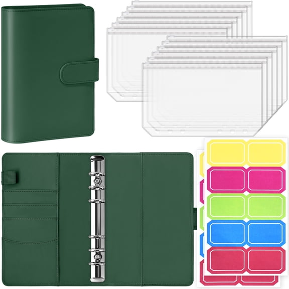 Antner A6 6-Ring Binder Set, PU Leather Cover with 12 Zipper Cash Envelopes & Stickers, Money Saving Organizer for Cash Stuffing, Dark Green