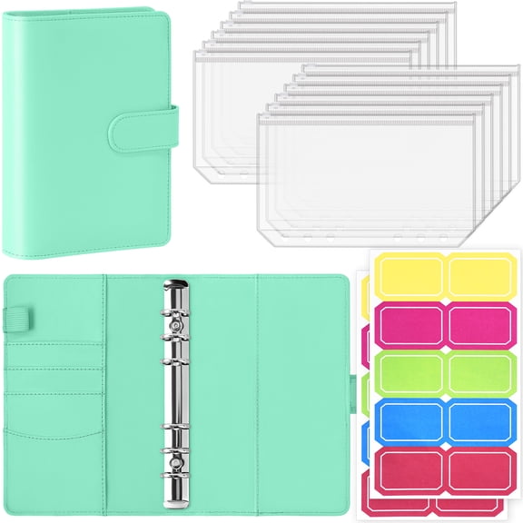 Antner A6 6-Ring Binder Set, PU Leather Cover with 12 Zipper Cash Envelopes & 20 Stickers, Money Saving Organizer for Cash Stuffing, Light Green