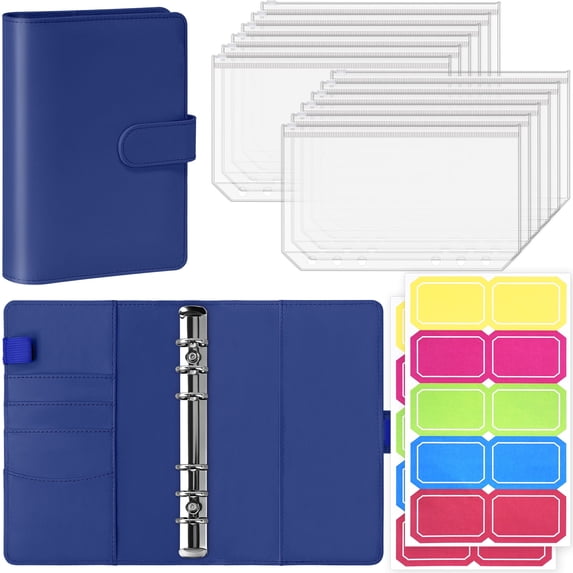 Antner A6 6-Ring Binder Set, PU Leather Cover with 12 Zipper Cash Envelopes & 20 Stickers, Money Saving Organizer for Cash Stuffing, Navy Blue