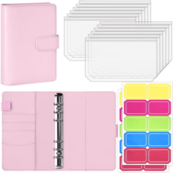 Antner A6 6-Ring Binder Set, PU Leather Cover with 12 Zipper Cash Envelopes & Stickers, Money Saving Organizer for Cash Stuffing, Pink