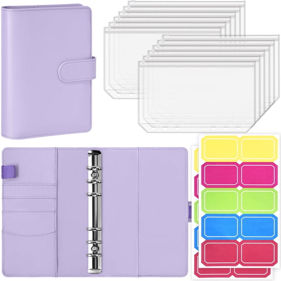 Antner A6 6-Ring Binder Set, PU Leather Cover with 12 Zipper Cash Envelopes & 20 Stickers, Money Saving Organizer for Cash Stuffing, Purple