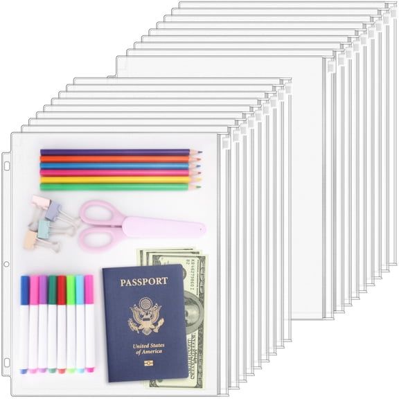 Antner 18 Pack Clear Letter Size Binder Pockets, 3 Ring Zipper Pouch Document Organizer, Waterproof Sheet Protectors for Office