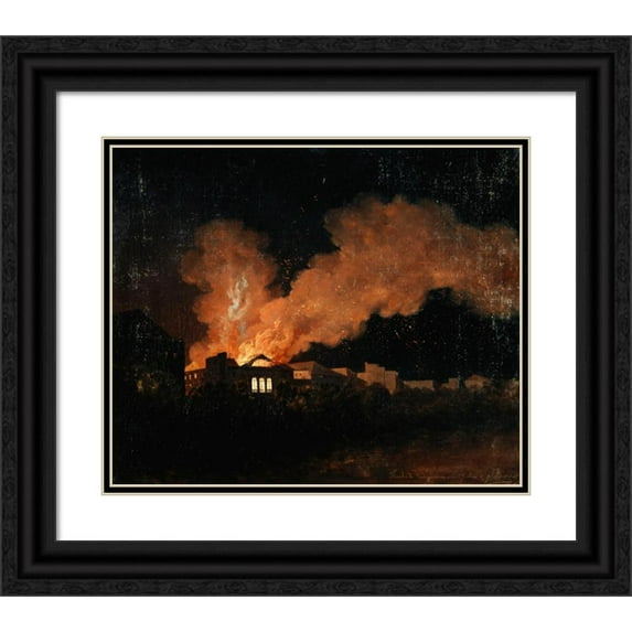 Antoine-Fèlix Boisselier 23x20 Black Ornate Framed Double Matted Museum Art Print Titled: The Fire of the Ambigu-Comic Theater on July 13, 1827 (1827)