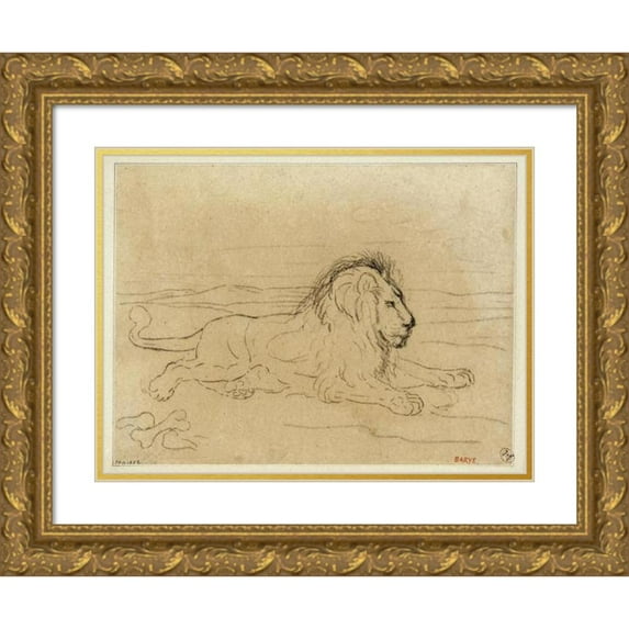 Antoine-Louis Barye 14x11 Gold Ornate Wood Frame and Double Matted Museum Art Print Titled - Lion Lying (19th Century)