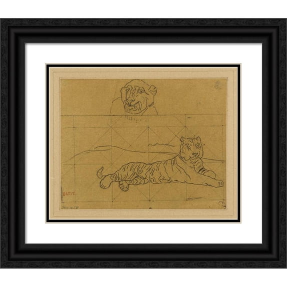 Antoine-Louis Barye 14x12 Black Ornate Wood Framed Double Matted Museum Art Print Titled: Two Tiger Studies (19th Century)
