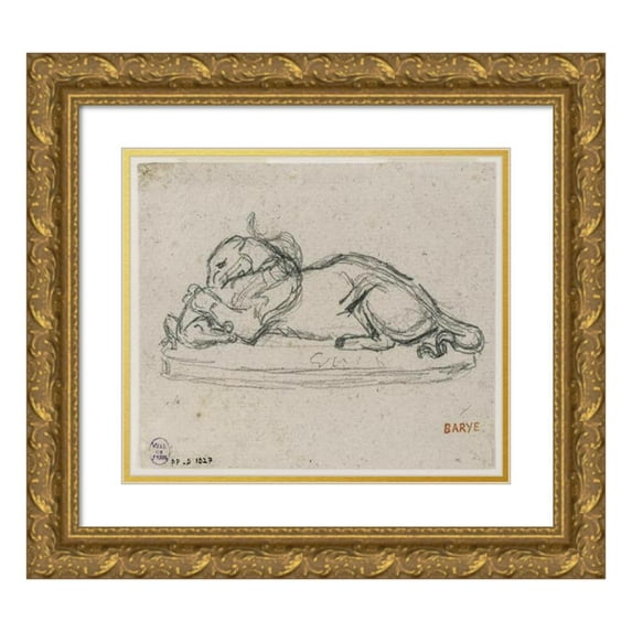 Antoine-Louis Barye 14x12 Gold Ornate Wood Frame and Double Matted Museum Art Print Titled - Tiger Devouring a Gavial (19th Century)