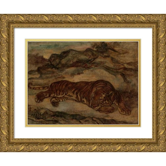 Antoine-Louis Barye 14x12 Gold Ornate Wood Frame and Double Matted Museum Art Print Titled - Tiger in Repose (ca. 1850-65)