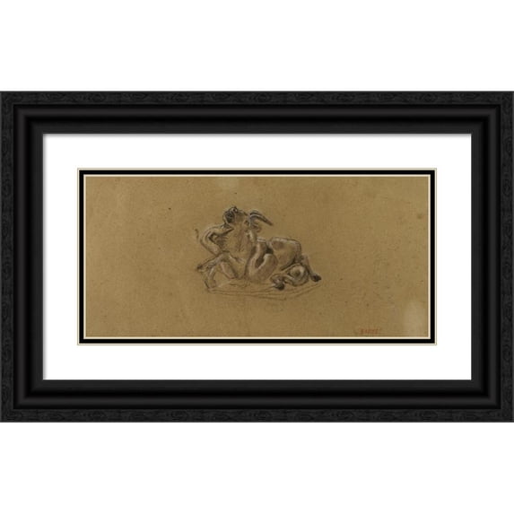 Antoine-Louis Barye 18x11 Black Ornate Wood Framed Double Matted Museum Art Print Titled - Python and Gnou (19th Century)
