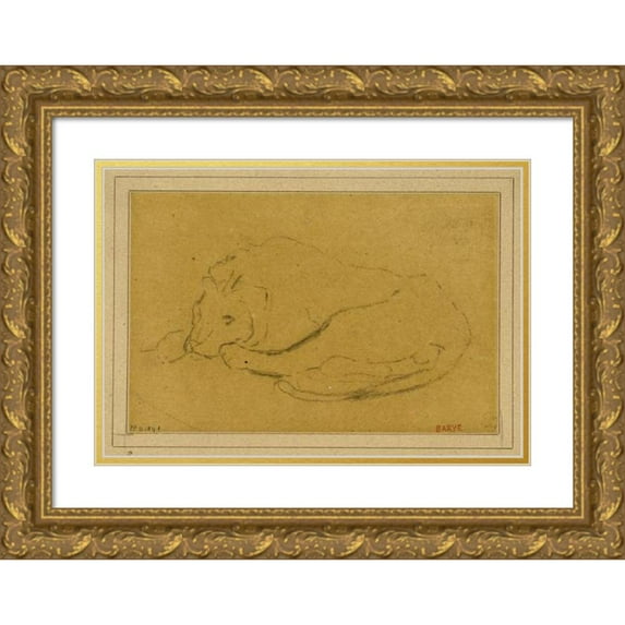 Antoine-Louis Barye 24x18 Gold Ornate Framed and Double Matted Museum Art Print Titled - Lion Lying Her Head Between Her Legs (19th Century)