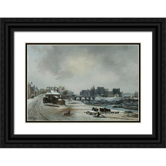 Antoine Perrot 14x11 Black Ornate Wood Framed Double Matted Museum Art Print Titled: View of the Louviers Island; Snow Effect (1830)