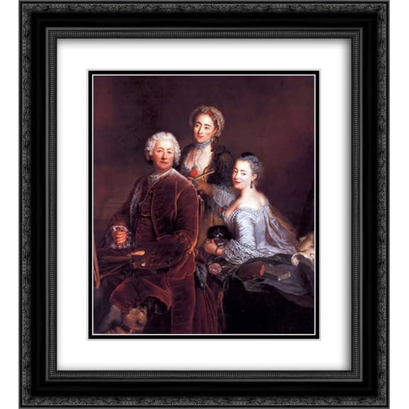 Antoine Pesne 2x Matted 20x22 Black Ornate Framed Art Print 'Self-portrait with Daughters'