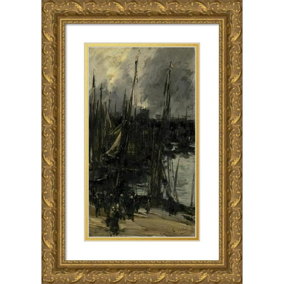 Antoine Vollon 12x18 Gold Ornate Wood Frame and Double Matted Museum Art Print Titled - Harbour View in Dunkerque (1880 - 1900)