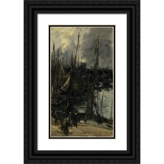 Antoine Vollon 15x24 Black Ornate Framed Double Matted Museum Art Print Titled: Harbour View in Dunkerque (1880 - 1900)