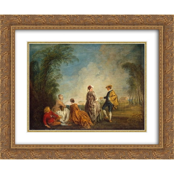 Antoine Watteau 2x Matted 24x20 Gold Ornate Framed Art Print 'An Embarrasing Proposal'