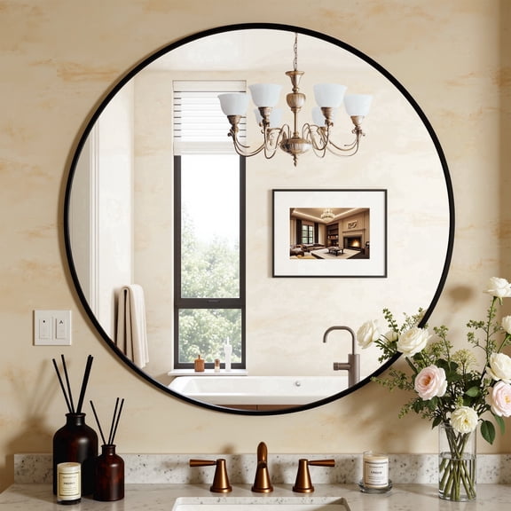 Antok 18"x18" Round Wall Mirror, Metal Framed Bathroom Vanity Mirror, Black