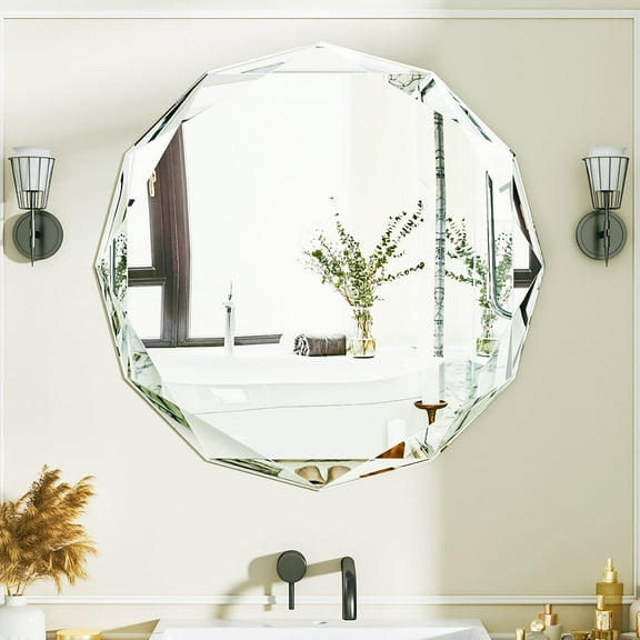 Antok 20 Inch Circle Beveled Edge Frameless Bathroom Vanity Mirror, Wall Mount Mirror for Bathroom, Round Decorative Mirror, HD Silver