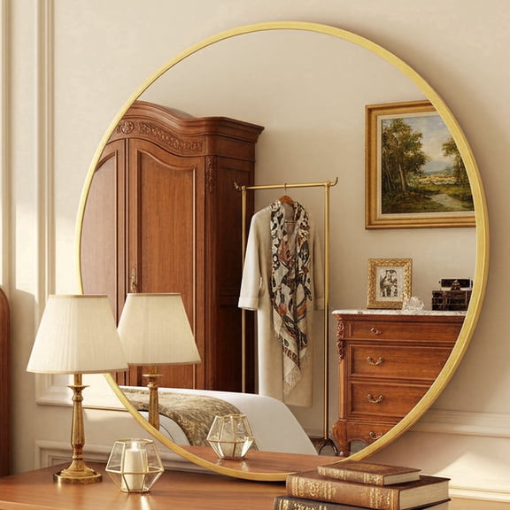 Antok 24"x24" Round Wall Mirror, Metal Framed Bathroom Vanity Mirror, Gold