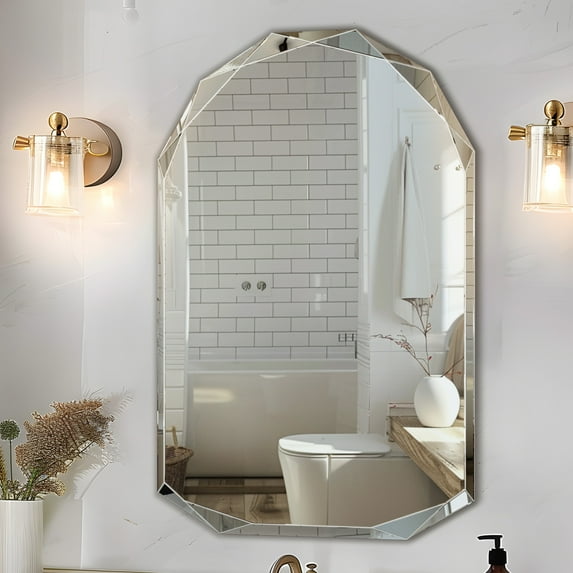 Antok 26x38 Inch Beveled Edge Frameless Bathroom Vanity Mirror, Wall Mount Mirror for Bathroom, Arched Decorative Mirror, HD Silver