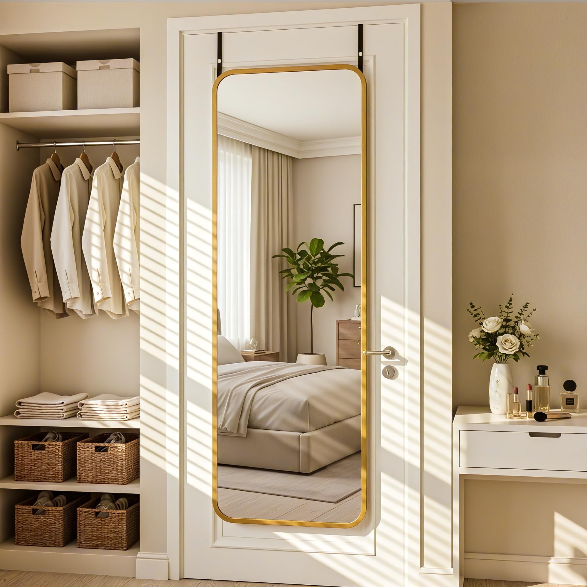 Antok 3-in-1 48" x 14.1" Full Length Mirror, Door Mirror, Wall-Mounted Mirror - Stands, Leans on Wall or Hangs, Gold Rounded Corner
