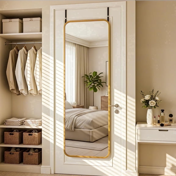 Antok 3-in-1 48" x 14.1" Full Length Mirror, Door Mirror, Wall-Mounted Mirror - Stands, Leans on Wall or Hangs, Gold Rounded Corner