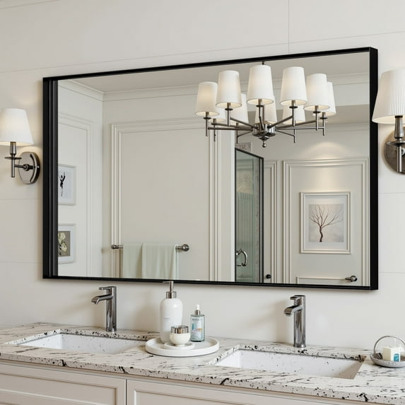 Antok 30×55 Inch Frameless Rectangular Bathroom Mirror, Wall Mounted Vanity Mirror, Anti-Rust, Horizontal/Vertical Hanging, Black