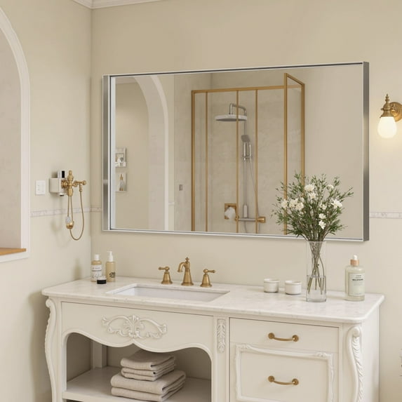Antok 30×55 Inch Frameless Rectangular Bathroom Mirror, Wall Mounted Vanity Mirror, Anti-Rust, Horizontal/Vertical Hanging, Sliver