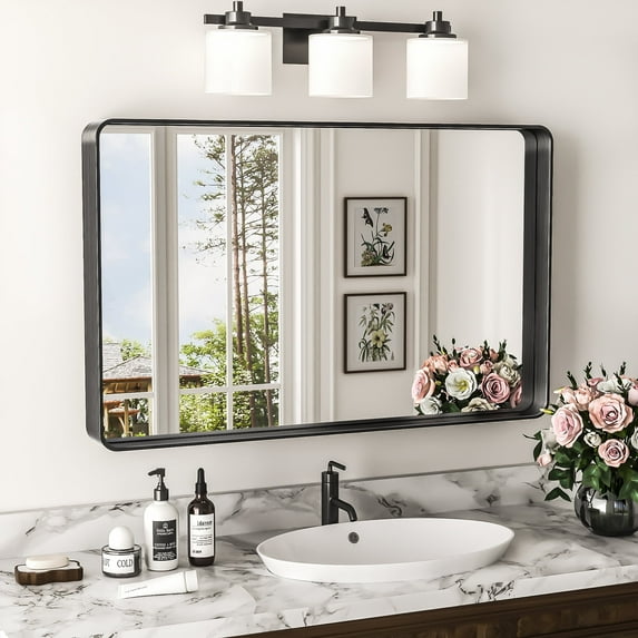 Antok 30×60 Inch Square-Round Bathroom Mirror, Wall Mounted Anti-Rust Vanity Mirror, Horizontal/Vertical Hanging, Black