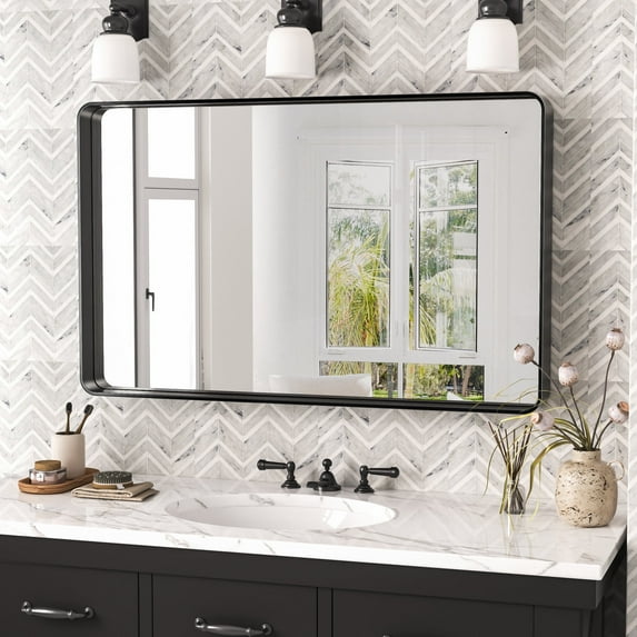 Antok 30×71 Inch Square-Round Bathroom Mirror, Wall Mounted Anti-Rust Vanity Mirror, Horizontal/Vertical Hanging, Black