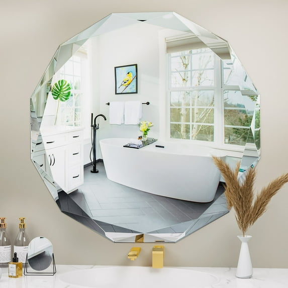 Antok 30 Inch Circle Beveled Edge Frameless Bathroom Vanity Mirror, Wall Mount Mirror for Bathroom, Round Decorative Mirror, HD Silver