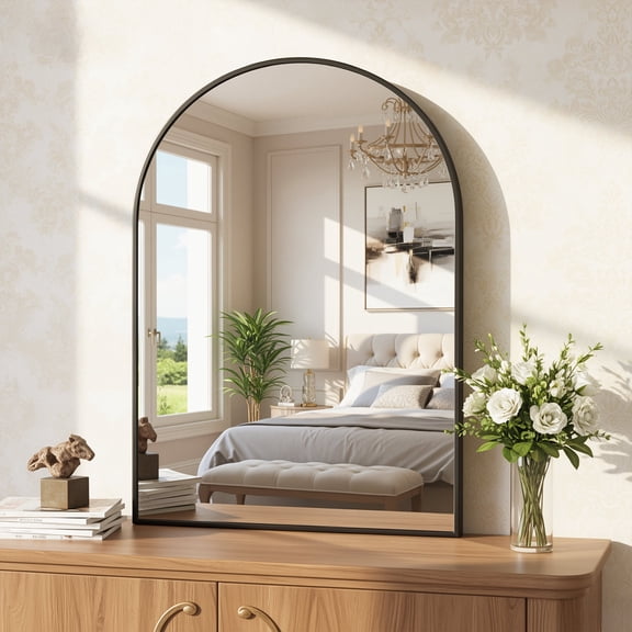 Antok 30"x20" Arched Rectangular Wall Mirror, Metal Framed Bathroom Vanity Mirror, Black