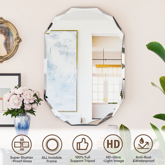 Antok 30x40 Inch Beveled Edge Frameless Bathroom Vanity Mirror, Wall Mount Mirror for Bathroom, Oval Decorative Mirror, HD Silver