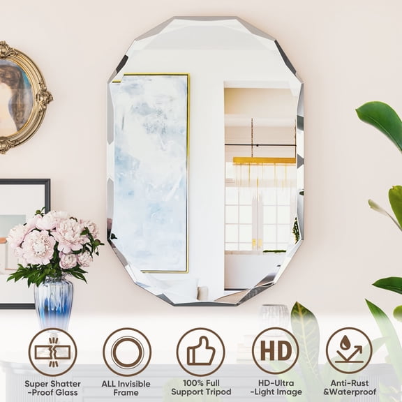 Antok 30x40 Inch Beveled Edge Frameless Bathroom Vanity Mirror, Wall Mount Mirror for Bathroom, Oval Decorative Mirror, HD Silver
