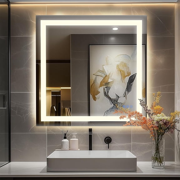 Antok 36"x 36" LED Bathroom Mirror, Lighted Vanity Mirror with 3 Color Modes, Dimmable, Anti-Fog, Memory Function, Tempered Glass, Vertical/Horizontal Wall Mount