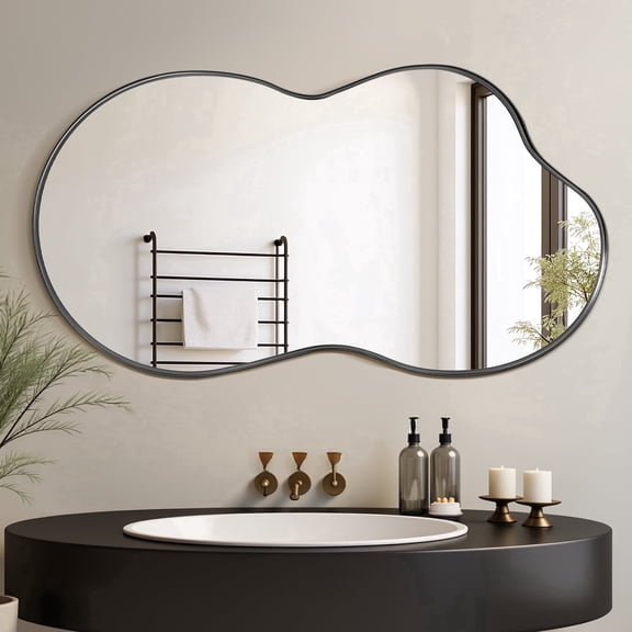 Antok 36"x20" Irregular Wall Mirror, Asymmetrical Metal Frame Bathroom Vanity Mirror, Black