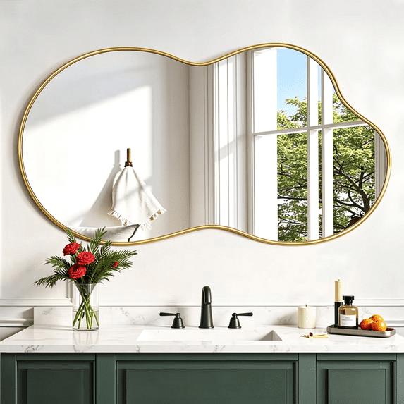 Antok 36"x20" Irregular Wall Mirror, Asymmetrical Metal Frame Bathroom Vanity Mirror, Gold