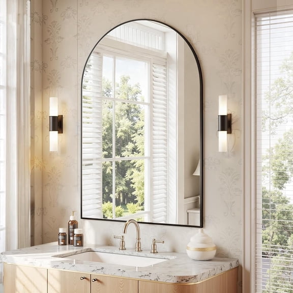 Antok 36"x24" Arched Rectangular Wall Mirror, Metal Framed Bathroom Vanity Mirror, Black