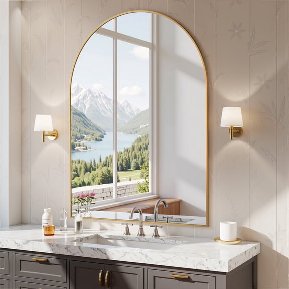 Antok 40"x30" Arched Rectangular Wall Mirror, Metal Framed Bathroom Vanity Mirror, Gold