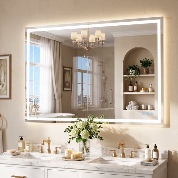 Antok 48"x 32" LED Bathroom Mirror, Lighted Vanity Mirror with 3 Color Modes, Dimmable, Anti-Fog, Memory Function, Tempered Glass, Vertical/Horizontal Wall Mount