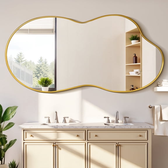 Antok 48"x26" Irregular Wall Mirror, Asymmetrical Metal Frame Bathroom Vanity Mirror, Gold