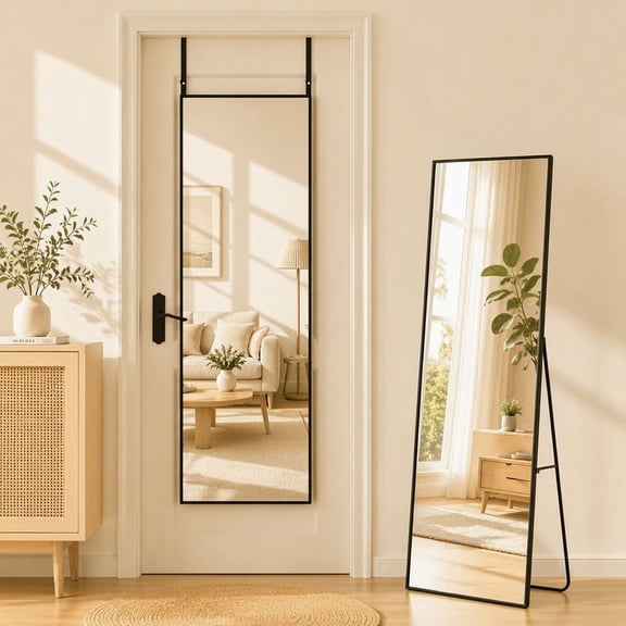 Antok 56"x14" Rectangle Door Mirror, Full Length Floor Mirror with Stand, Haning Mirror for Bedroom, Living Room, Cloakroom, Black