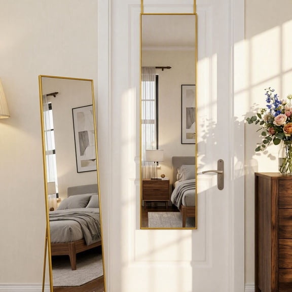 Antok 56"x14" Rectangle Door Mirror, Full Length Floor Mirror with Stand, Haning Mirror for Bedroom, Living Room, Cloakroom, Gold