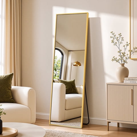 Antok Full Length Floor Mirror 56"x14" Rectangle Floor Standing Tall Mirror with Aluminum Frame, Leaning, Wall Mounted or Freestanding, Gold