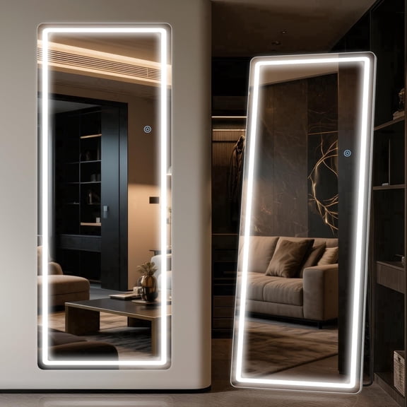 Antok 56"x21" LED Full Length Mirror, Freestanding & Wall-Mount Lighted Body Mirror, White