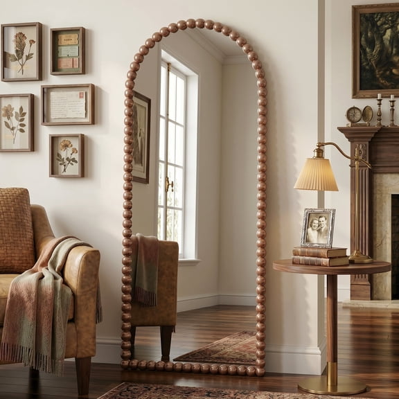 Antok 57"x21" Arched Full Length Mirror, Beaded Metal Frame Floor Mirror, Brown