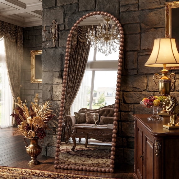 Antok 57"x21" Arched Full Length Mirror, Beaded Metal Frame Floor Mirror, Brown
