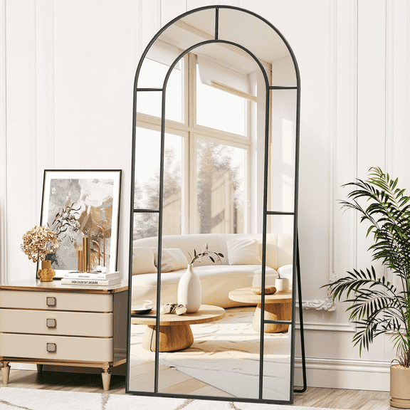 Antok 58"x 21" Arched Full Length Windowpane Mirror Metal Framed Wall Decor Floor Mirror, Bronze